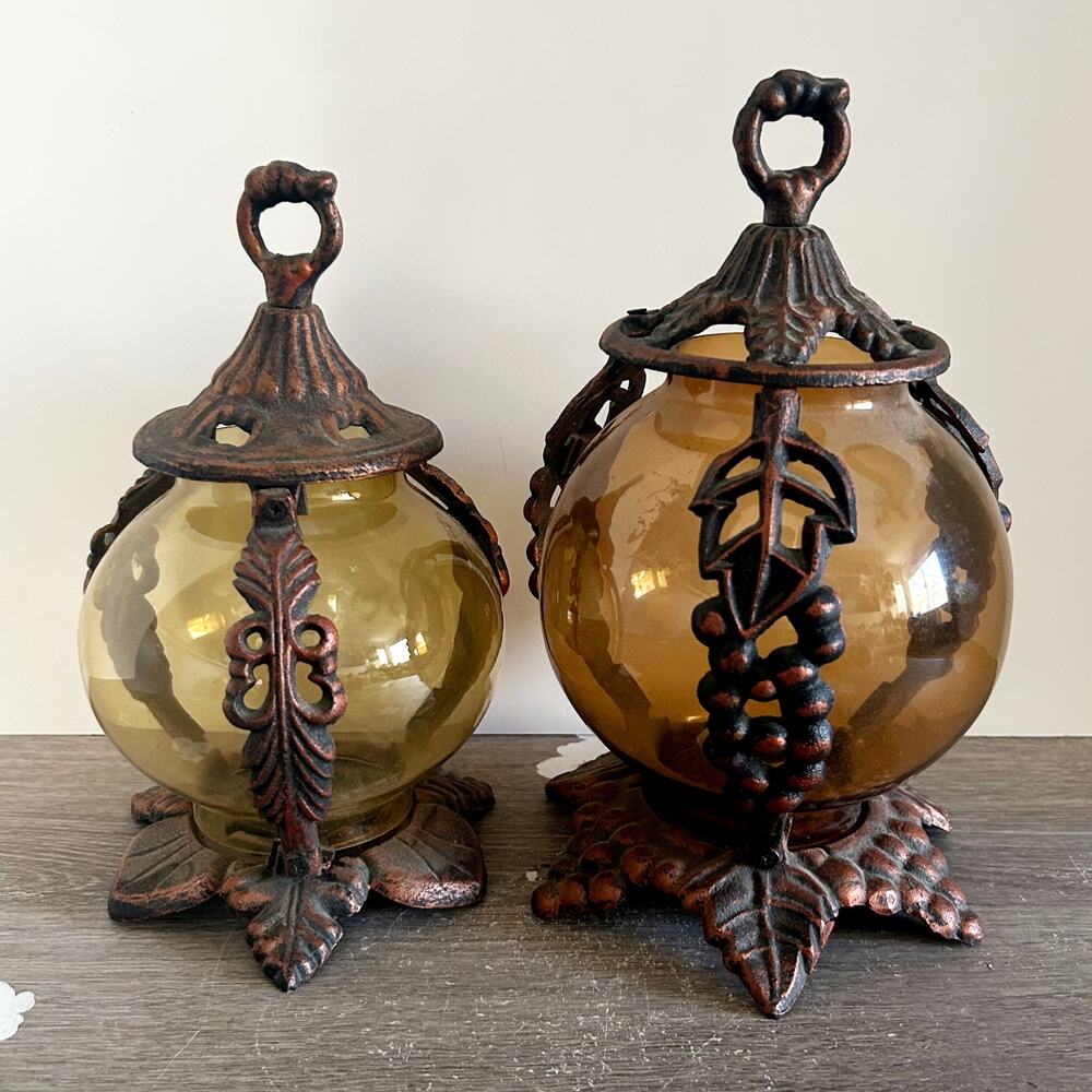 Vintage Pair Spanish Revival Wrought Iron Amber Glass Round Tea Candle Lanterns